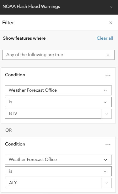 NOAA Flash Flood Warnings Filter Screenshot