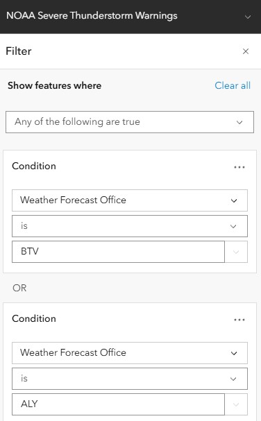 NOAA Severe Thunderstorm Warnings Filter Screenshot