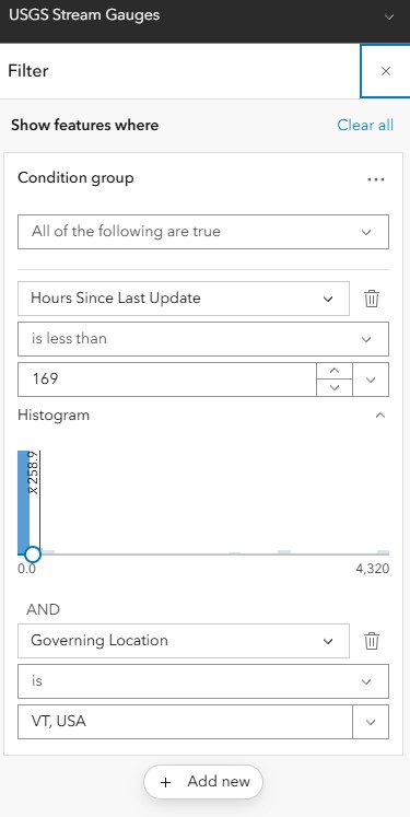USGS Stream Gauges Filter Screenshot